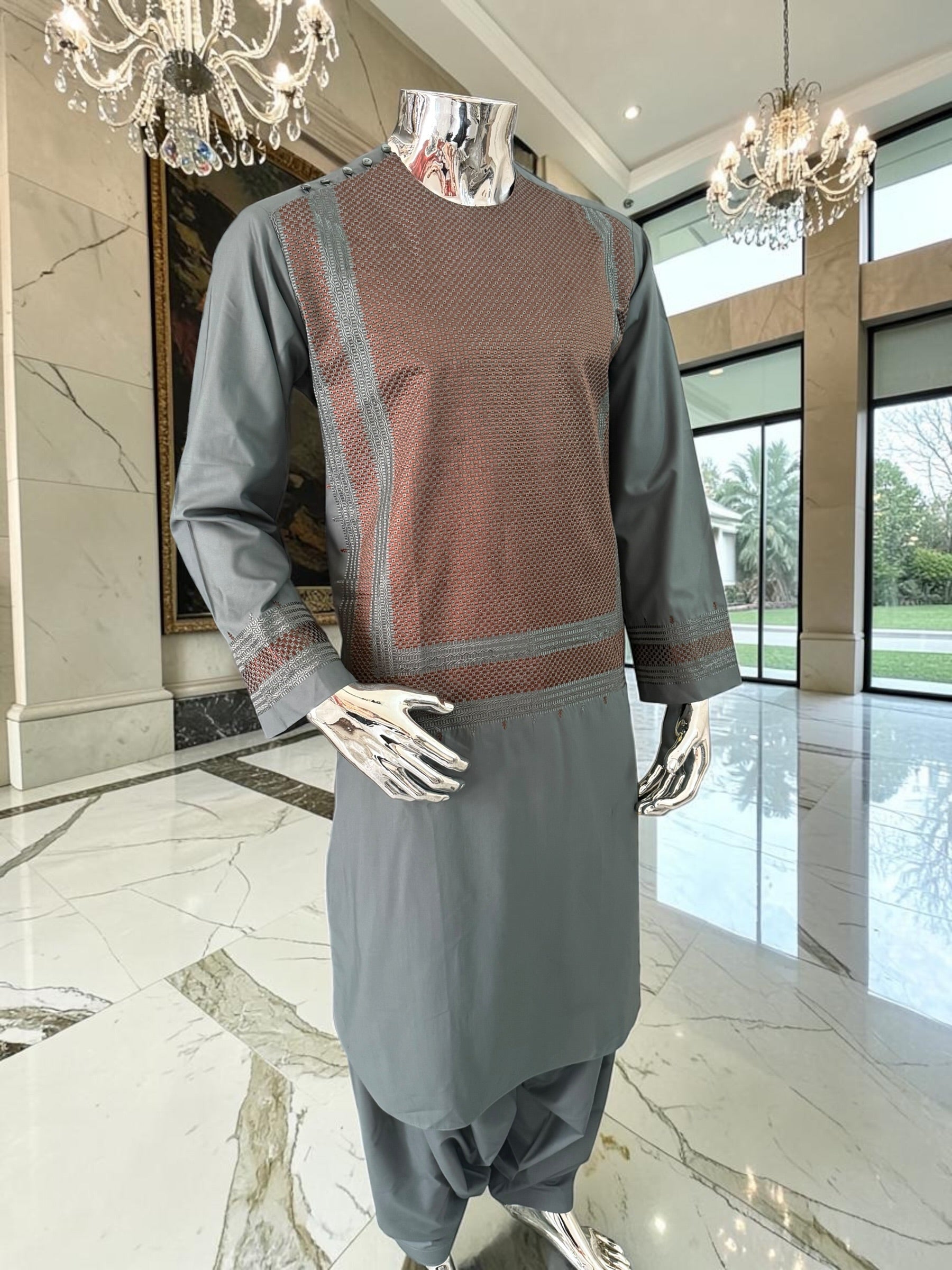 Medium Premium Olive Green & Brown Machine Embroidered Parahan Tunban Set with Matching Chadder