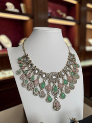 Pastel Pink & Mint Green Kundan Half Bridal Jewelry Set – 6-Piece Necklace, Earrings, Sheeshphool, Nath & Adjustable Rings 6061