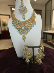 Aqua Blue Indian Pakistani Afghan Bridal Jewelry Set with Earrings & Maang Tikka | Gold Tone Crystal Rhinestone Necklace Set | Gift Box Included 7011