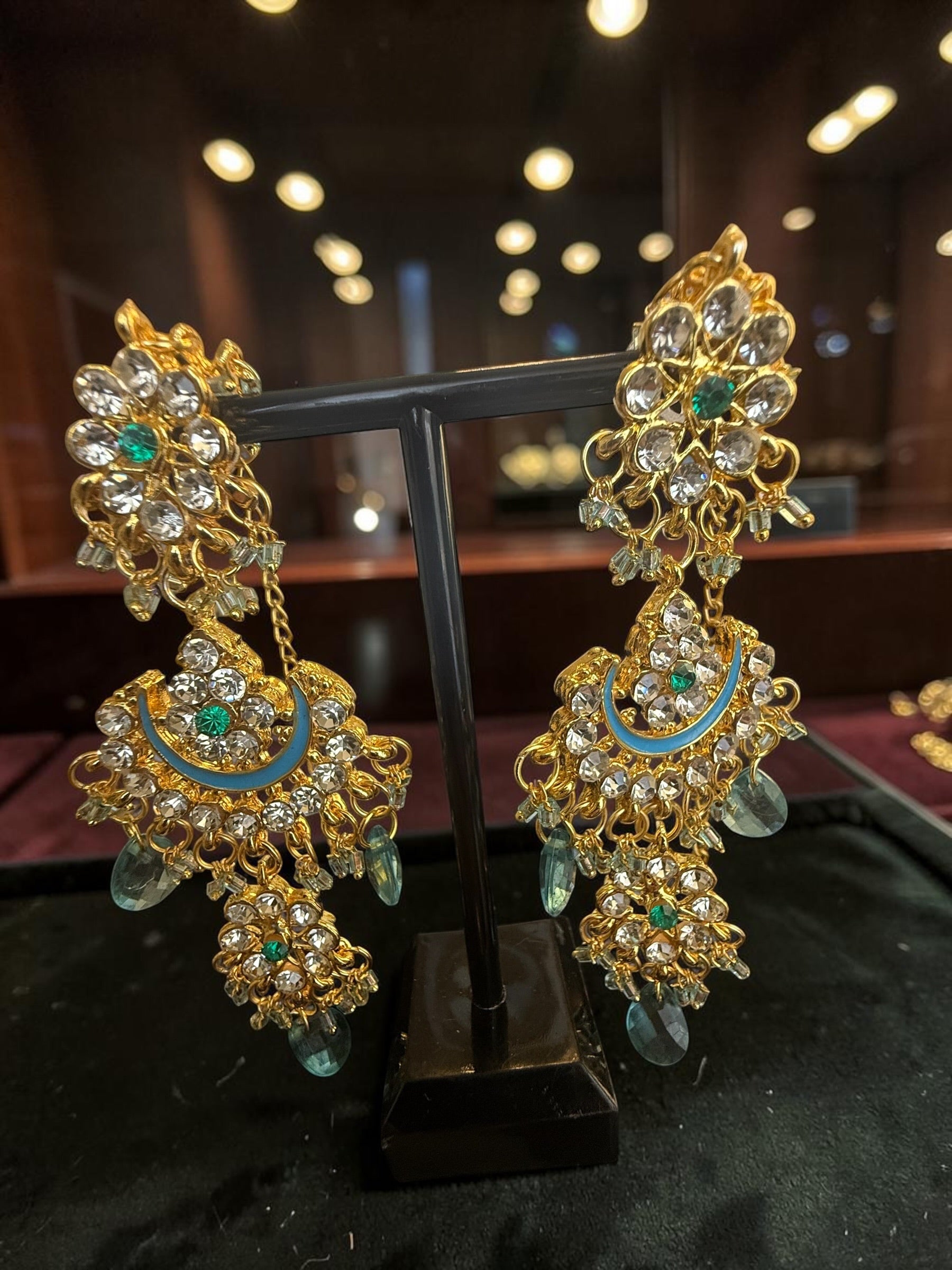 Aqua Blue Indian Pakistani Afghan Bridal Jewelry Set with Earrings & Maang Tikka | Gold Tone Crystal Rhinestone Necklace Set | Gift Box Included 7011
