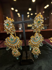 Aqua Blue Indian Pakistani Afghan Bridal Jewelry Set with Earrings & Maang Tikka | Gold Tone Crystal Rhinestone Necklace Set | Gift Box Included 7011