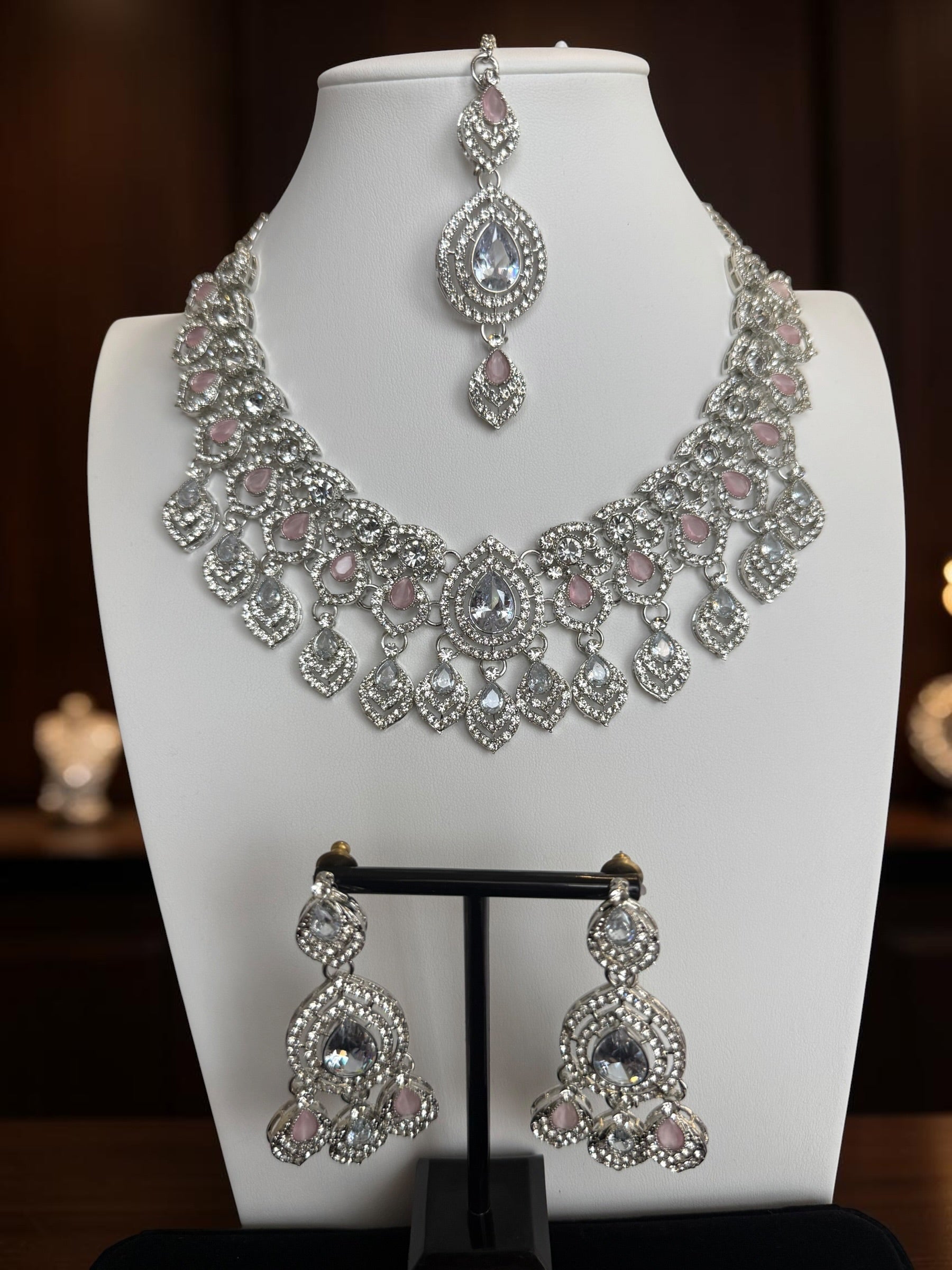 American Diamond Necklace, Earrings & Maang Tikka Jewelry Set – 7 Colors