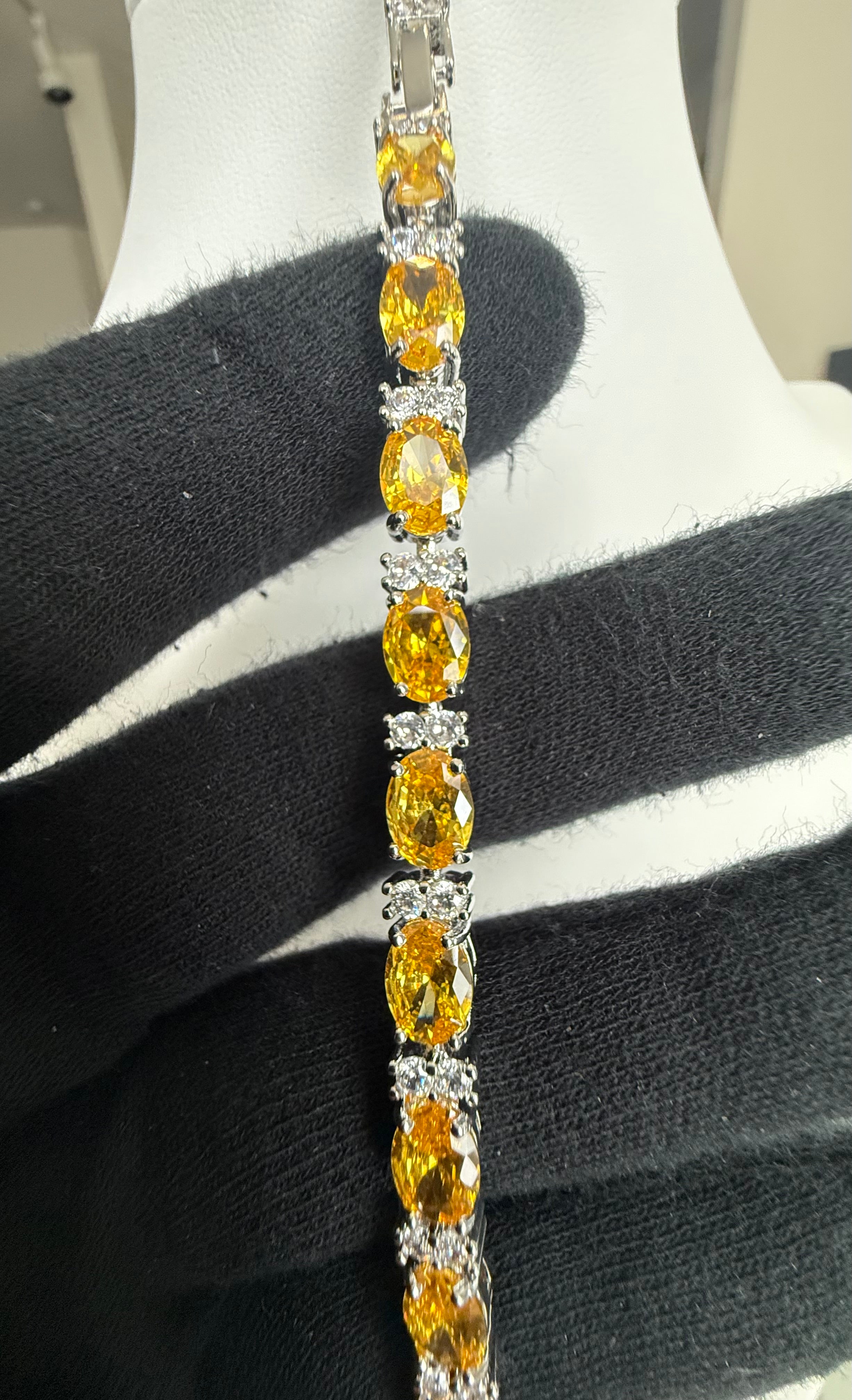Yellow Oval Crystal Tennis Bracelet – Silver Tone Statement Bracelet 7145