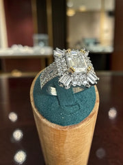Moissanite Emerald-Cut Halo Statement Ring – Silver Tone, Size 8.  6002