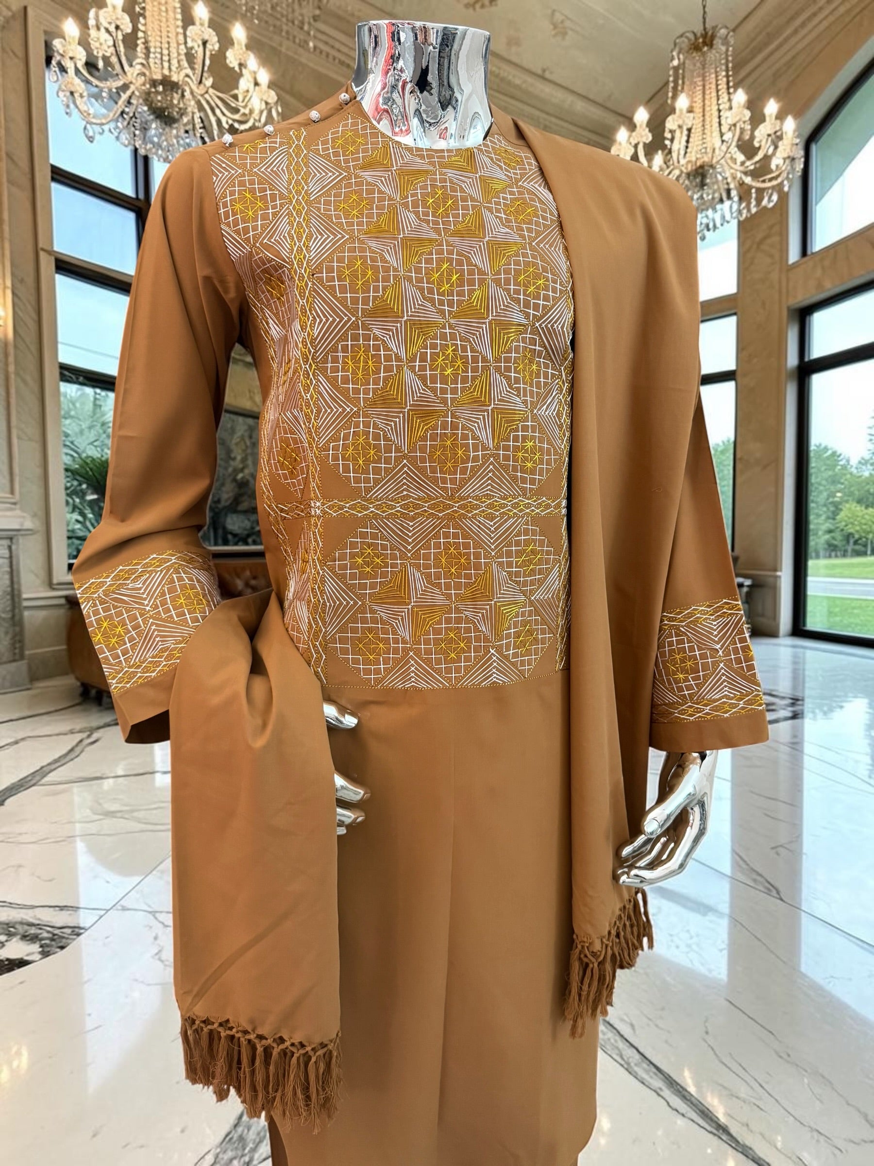 Medium Mens Afghan Parahan Tunban Set – Caramel Brown Premium Embroidered Traditional Outfit with Matching Chadder/patto