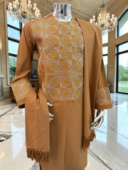 Medium Mens Afghan Parahan Tunban Set – Caramel Brown Premium Embroidered Traditional Outfit with Matching Chadder/patto