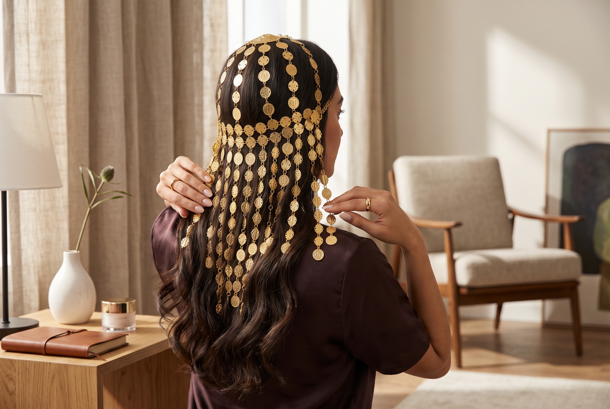 Gold-Tone Coin Headpiece – Afghan, Arab & Middle Eastern Hair Jewelry 031