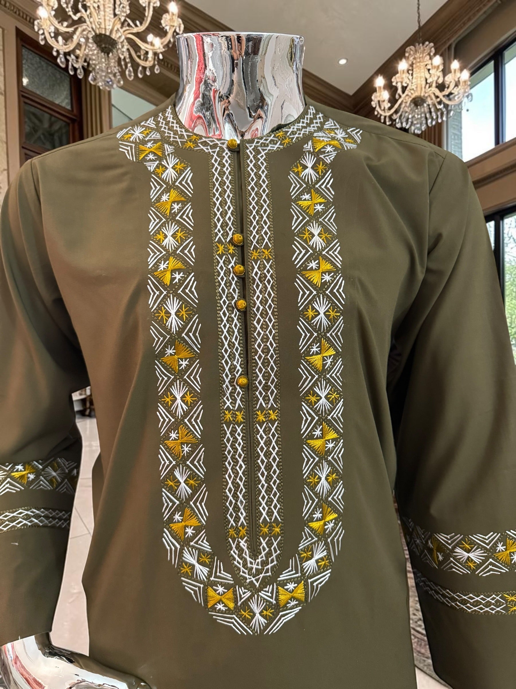 Men’s Olive Green Embroidered Afghan Perahan Tunban Set | S–XL