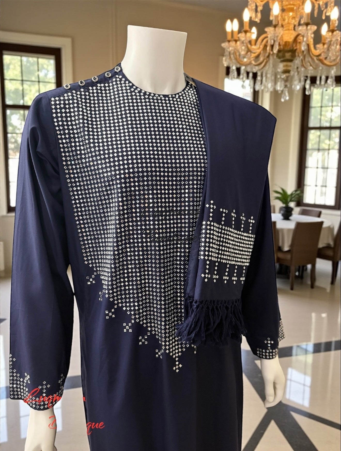 Small Navy Blue Afghan Parahan Tunban 3-Piece Set with Shesha Work