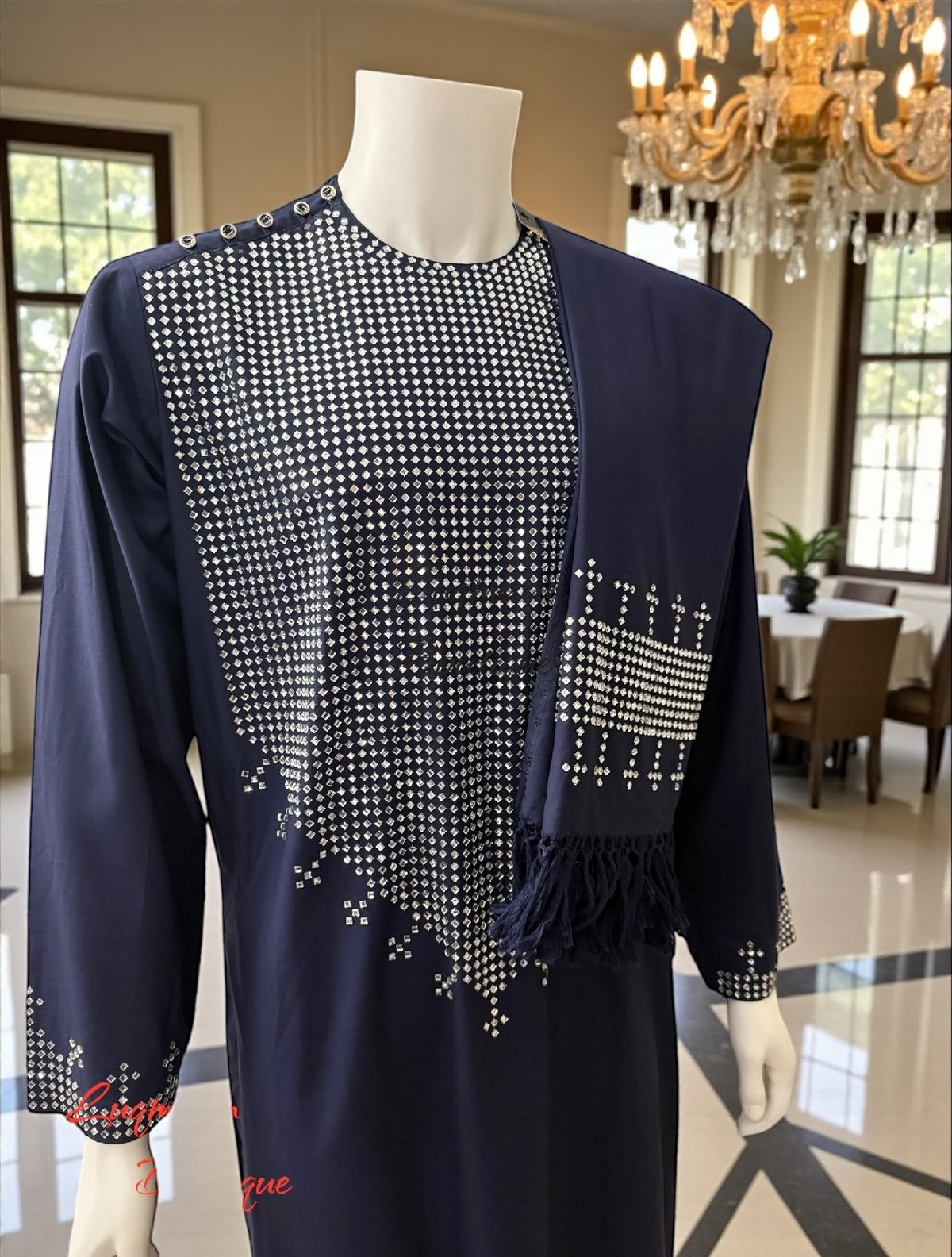 Small Navy Blue Afghan Parahan Tunban 3-Piece Set with Shesha Work