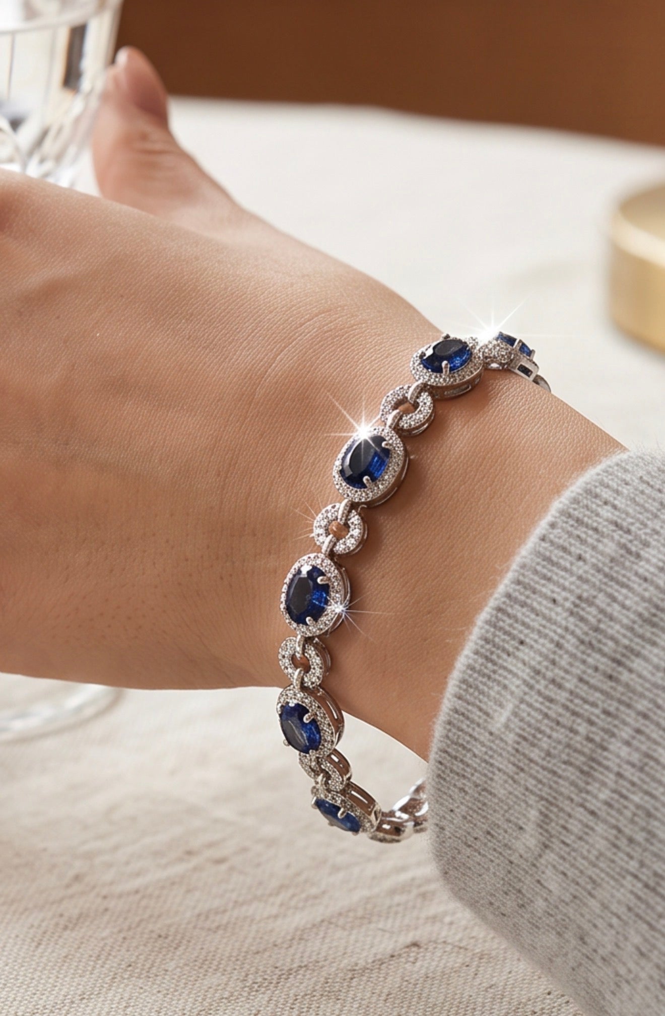 Royal Blue Oval Crystal Link Bracelet – Silver-Tone Halo Statement Bracelet for Women 7126