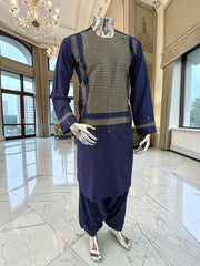 Small Premium Navy Blue Parahan Tunban Set with Gold Machine Embroidery Pattu/chadder