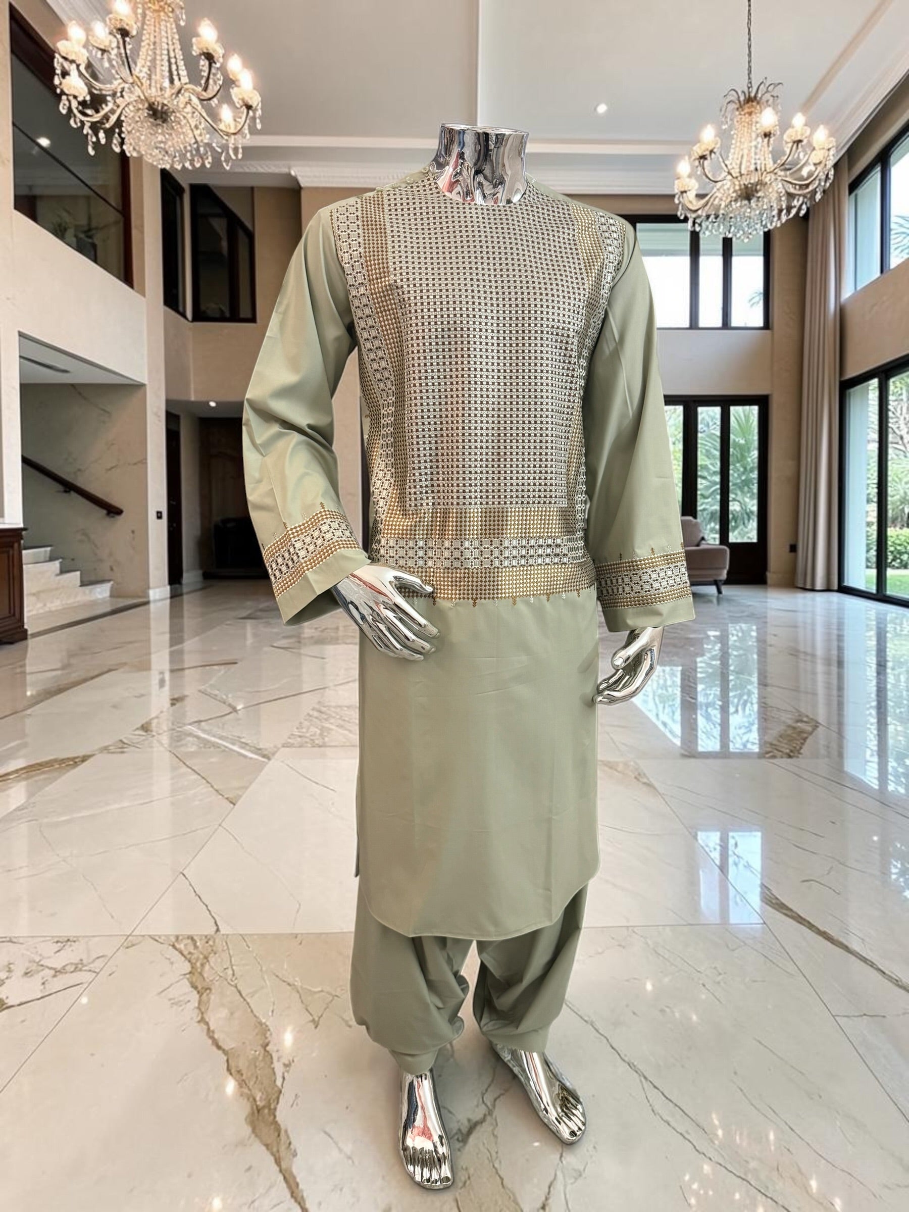 Large Sage Green Afghan Parahan Tunban with Gold and Brown Embroidery | Traditional Men’s Afghan Outfit