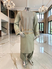 Large Sage Green Afghan Parahan Tunban with Gold and Brown Embroidery | Traditional Men’s Afghan Outfit