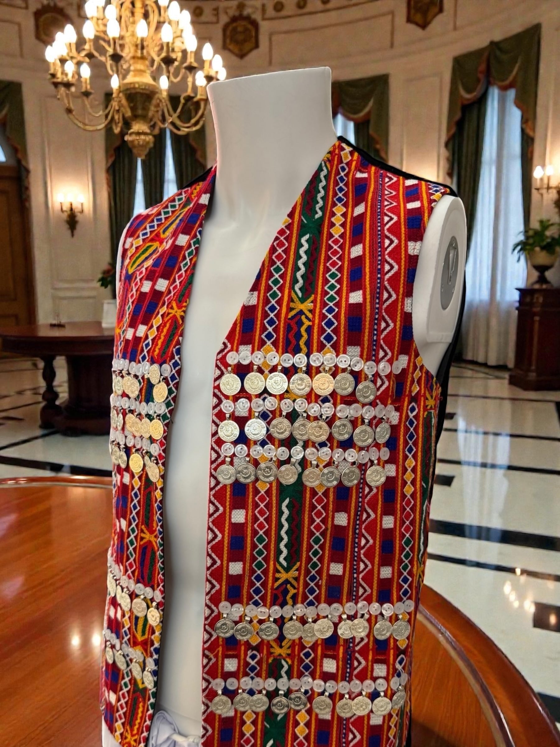 Men’s Traditional Afghan Vest with Multicolor Embroidery and Gold Coinwork | Handmade Waistcoat Small