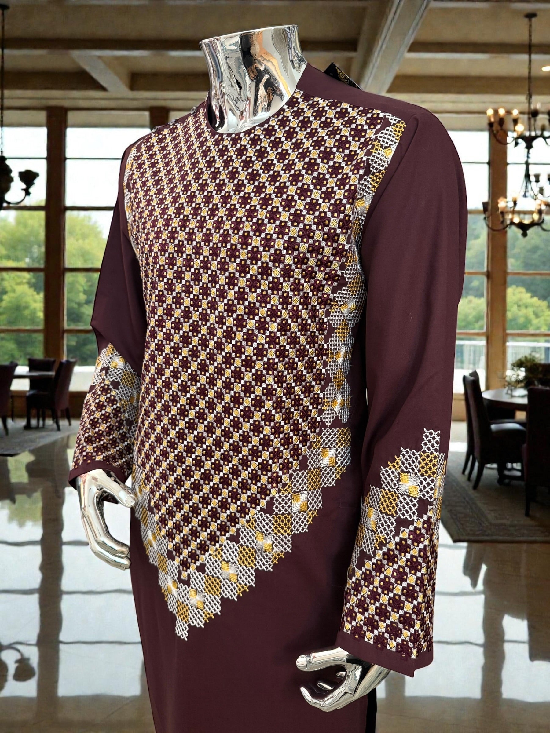 Men’s Maroon Kameez with Gold and White Machine Embroidery – Large Tall | Luqmaan Boutique
