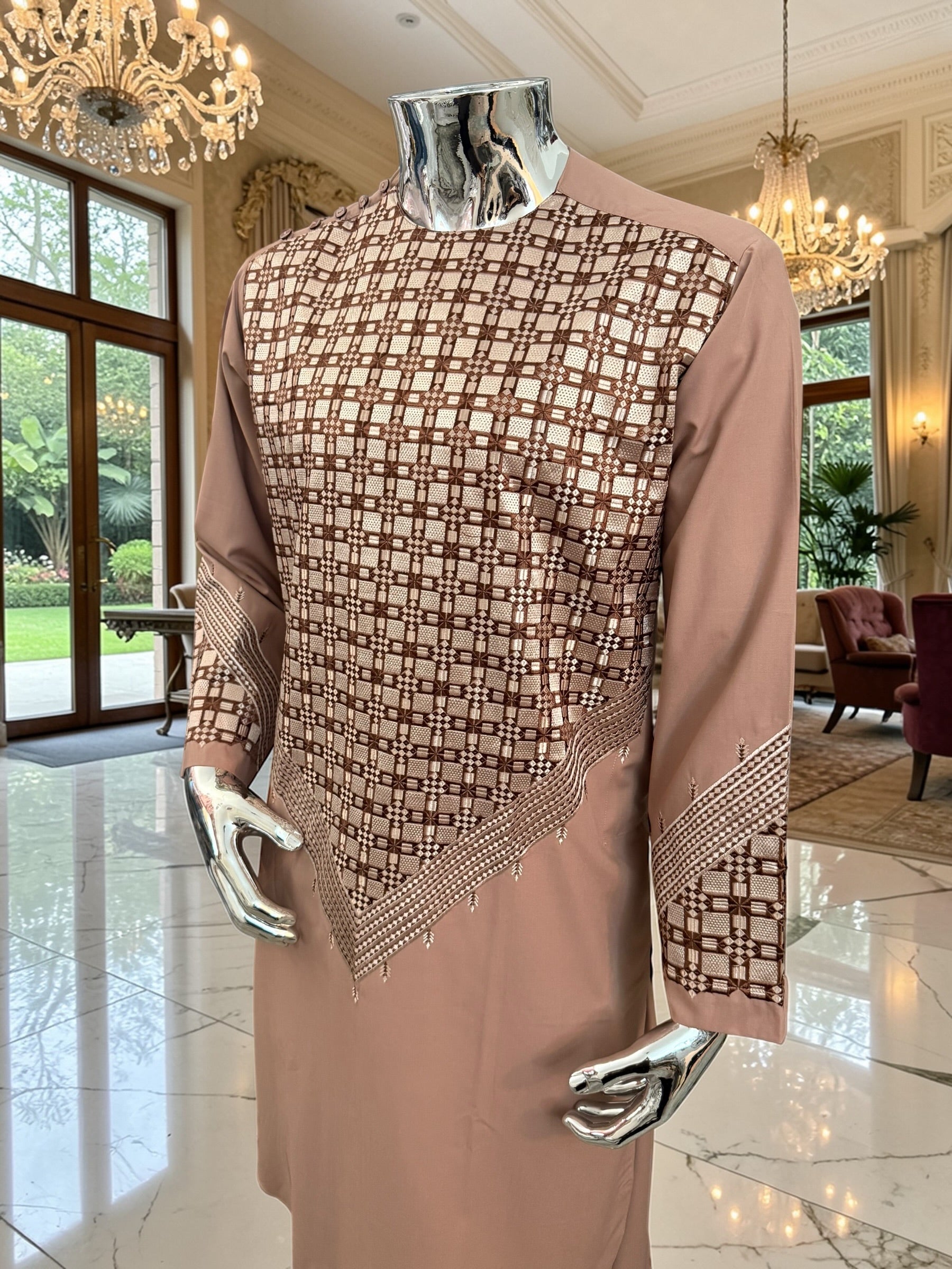 Small Men’s Tan Parahan Tumban with White & Tan Embroidery Afghan Kameese shalwar