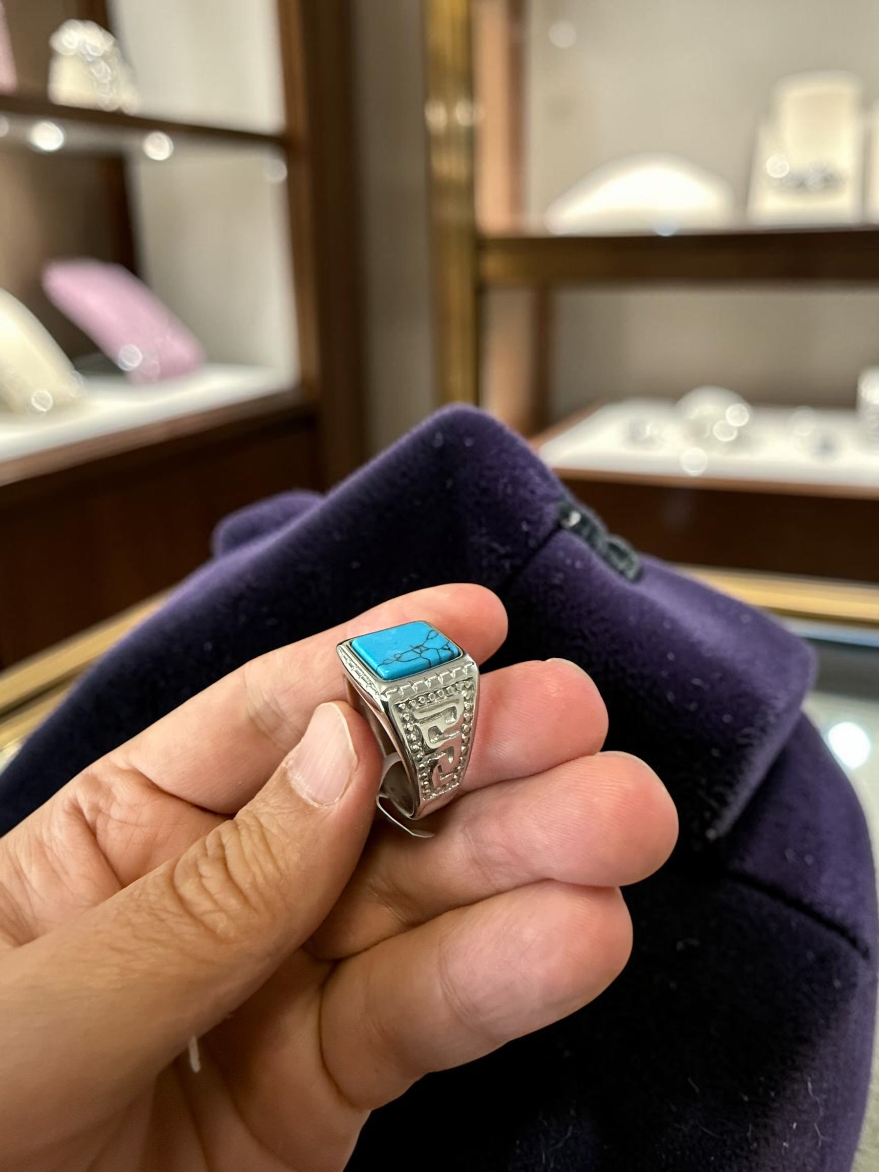 Vintage Turquoise Stone Signet Ring – Silver Tone Statement Ring