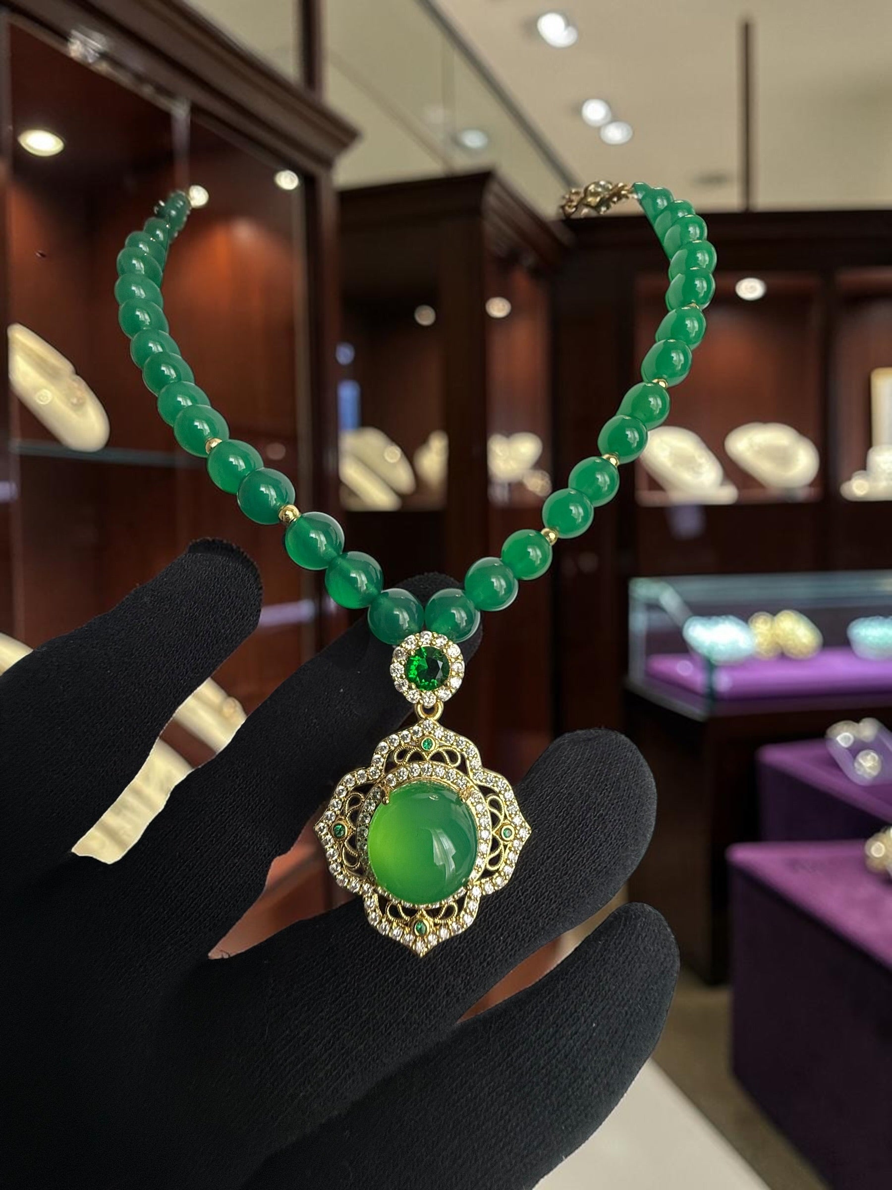 Natural Green Agate Beaded Necklace with Pendant | Gold Tone Statement Necklace | Gemstone Jewelry with Certificate 6005