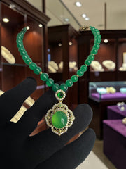 Natural Green Agate Beaded Necklace with Pendant | Gold Tone Statement Necklace | Gemstone Jewelry with Certificate 6005