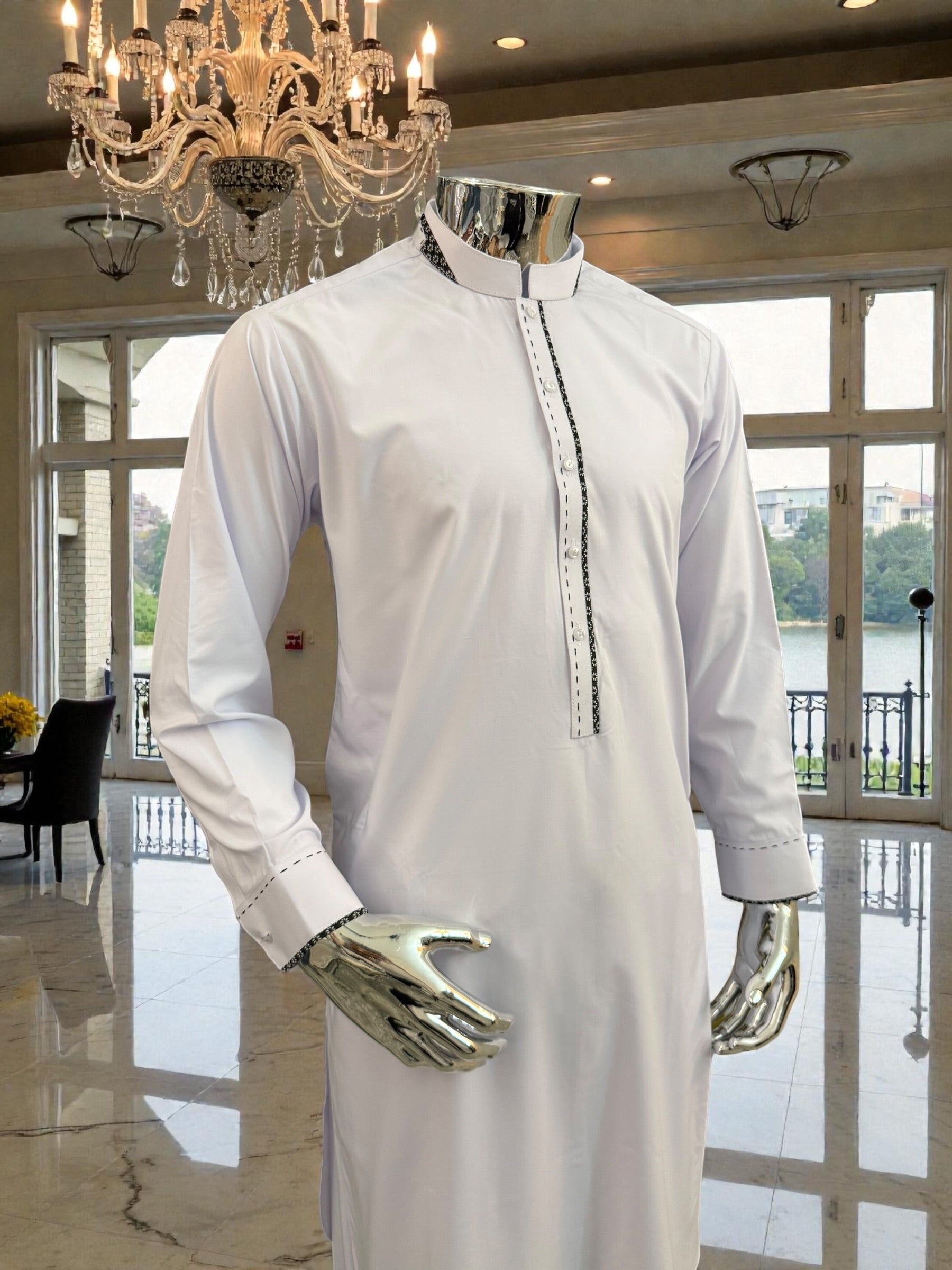 Men’s White Afghan Parahan Tumban with Black Embroidered Placket – Premium Cotton-Blend Fabric | Medium Size