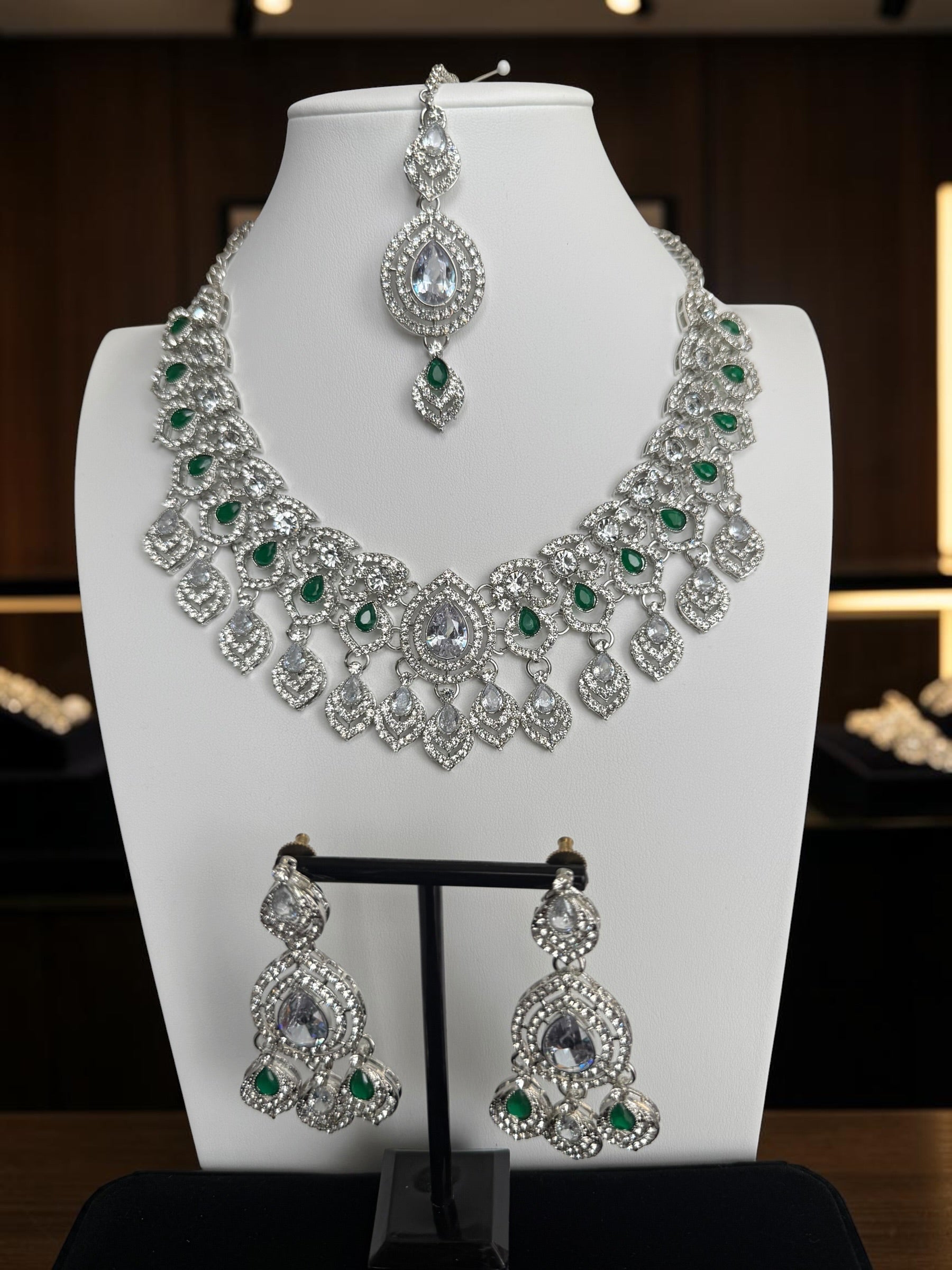 American Diamond Necklace, Earrings & Maang Tikka Jewelry Set – 7 Colors
