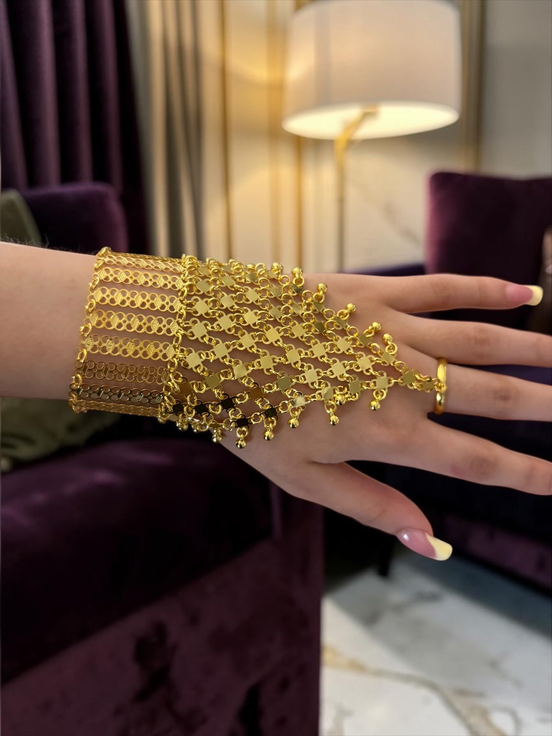 Gold Plated Hathphool Hand Chain Bracelet with Adjustable Ring | Ethnic Indian Pakistani Afghan Arabic Hand Jewelry 6075