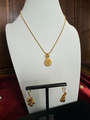 Gold Plated Brass Teardrop Pendant Necklace & Dangle Earrings Set for Women | Lightweight Traditional Jewelry 6090