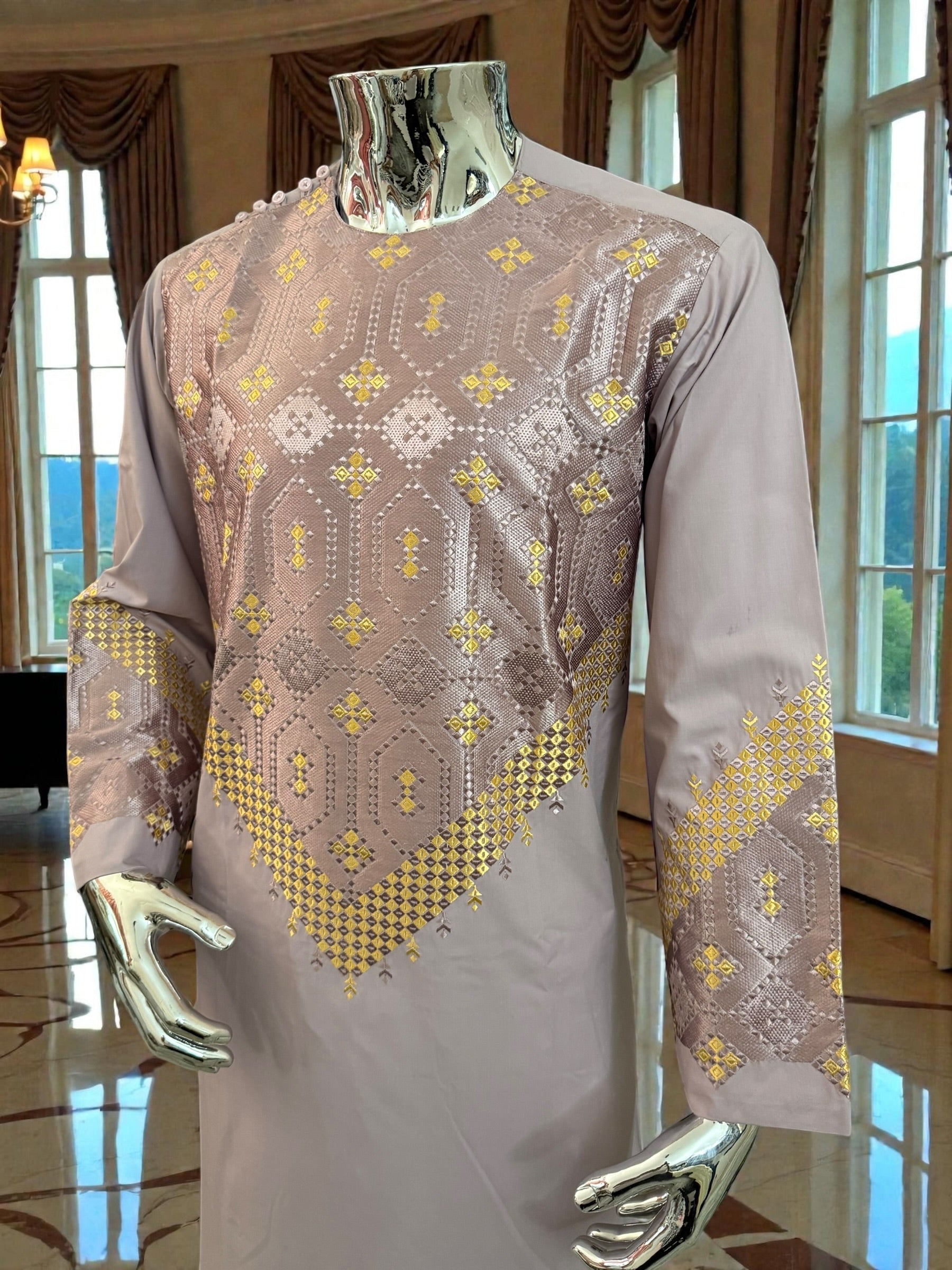 Men’s Lavender Parahan Tumban with Gold Embroidery | Traditional Afghan Outfit | Luqmaan Boutique