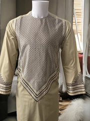 Men’s Beige Parahan Tumban with Brown Embroidery Small