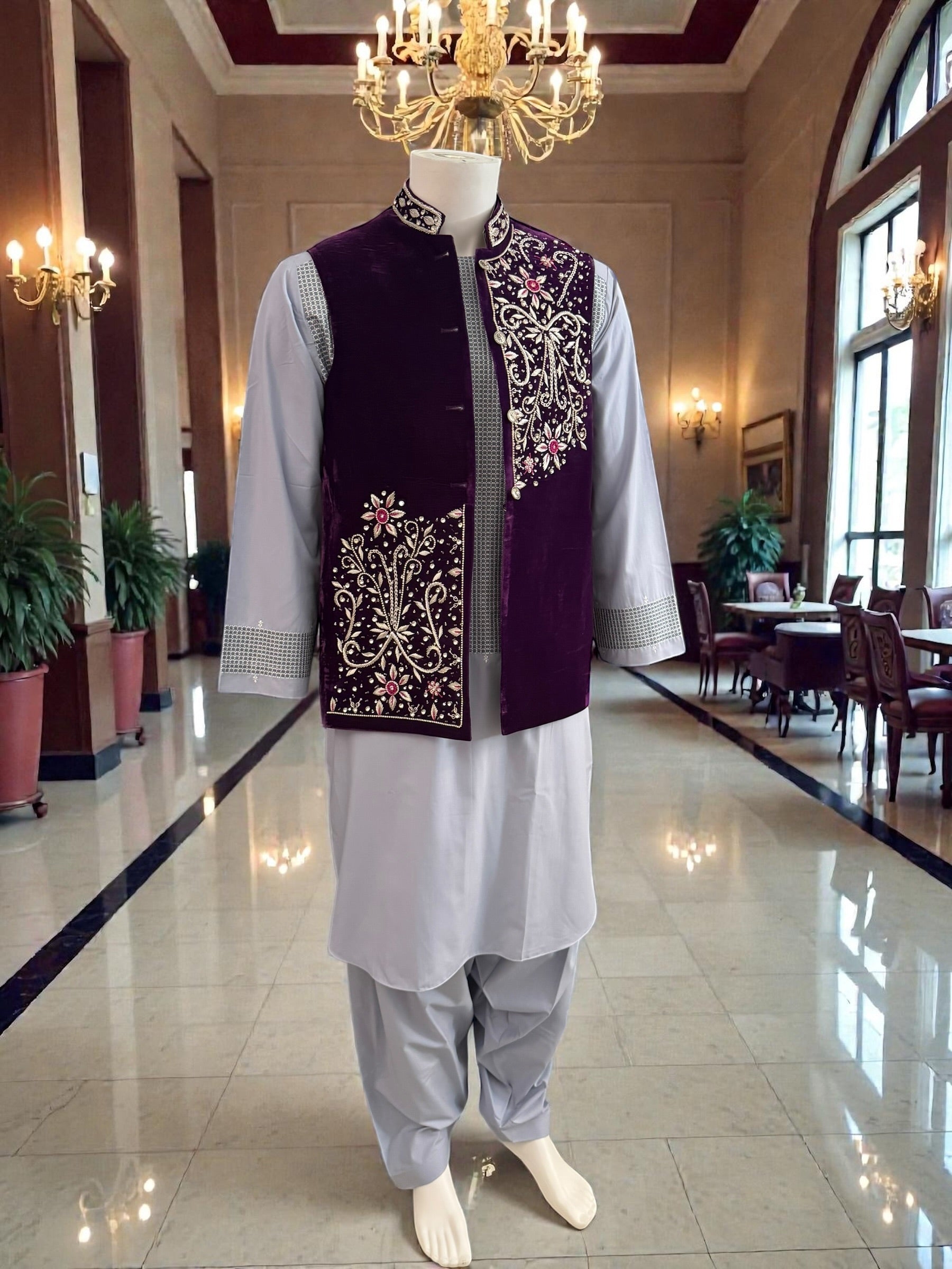 Medium Purple Velvet Men’s Waistcoat – Hand-Embroidered Zari, Dabka & Stonework Medium