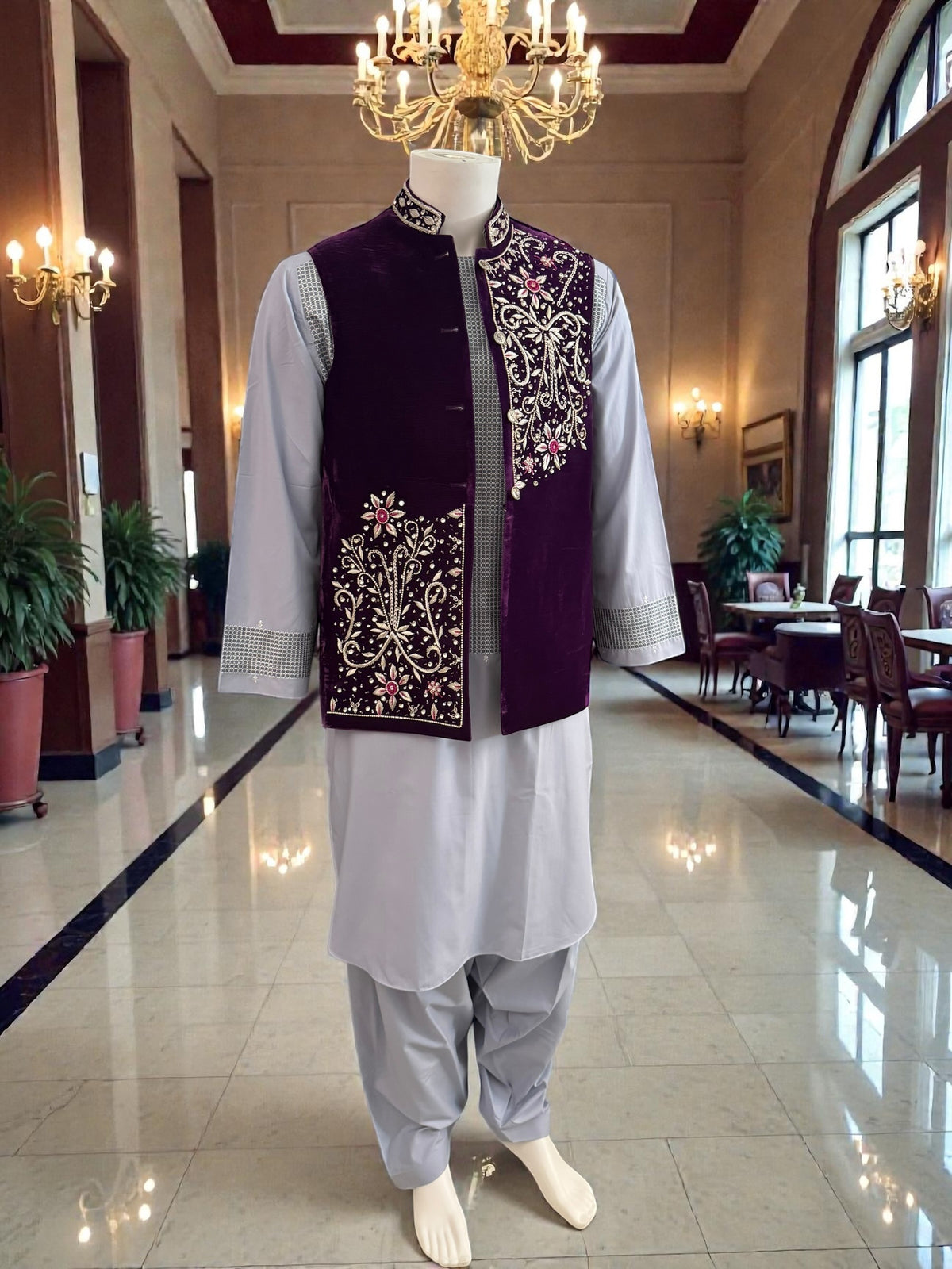 Medium Purple Velvet Men’s Waistcoat – Hand-Embroidered Zari, Dabka & Stonework Medium