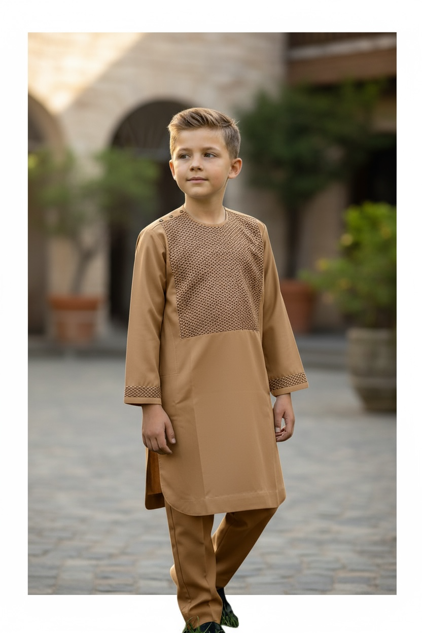 7 Year old Boys Brown Parahan Tunban – Machine Embroidered Afghan Outfit