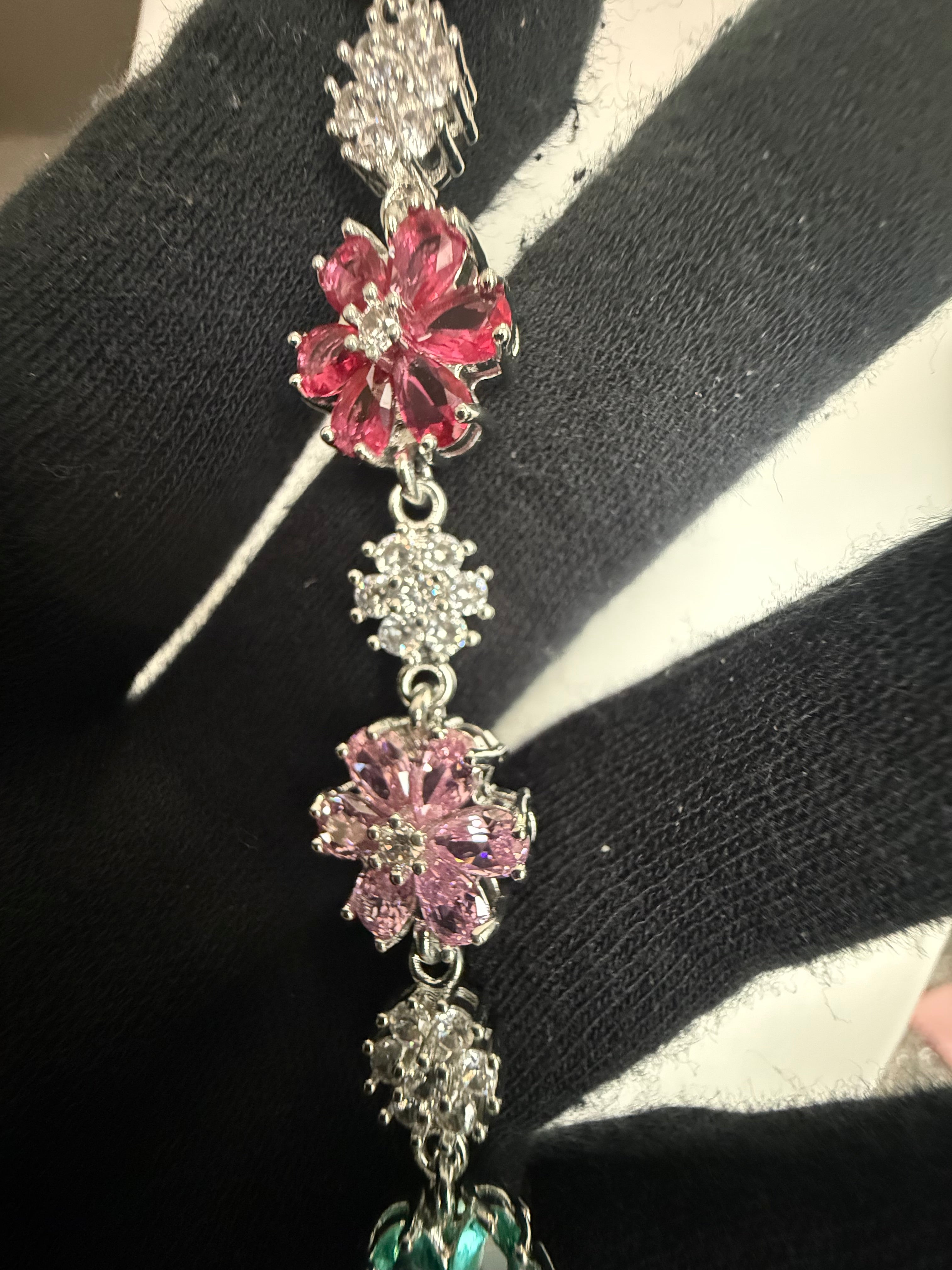 Multicolor Crystal Flower Bracelet – Silver-Tone Floral Statement Bracelet for Women 7129