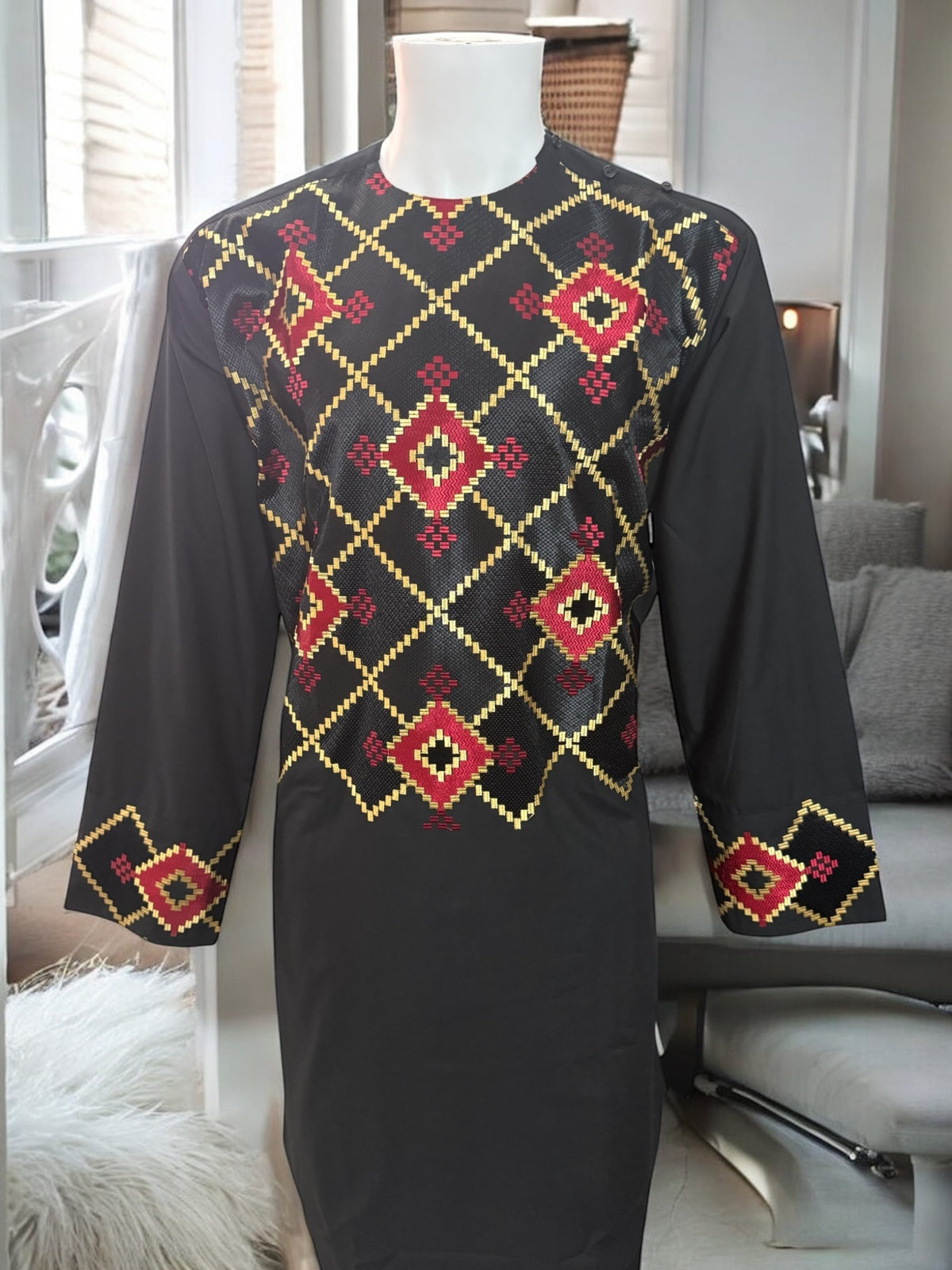Afghan Parahan Tunban for Men Machine Embroidered Black Red Gold Traditional Wear Large