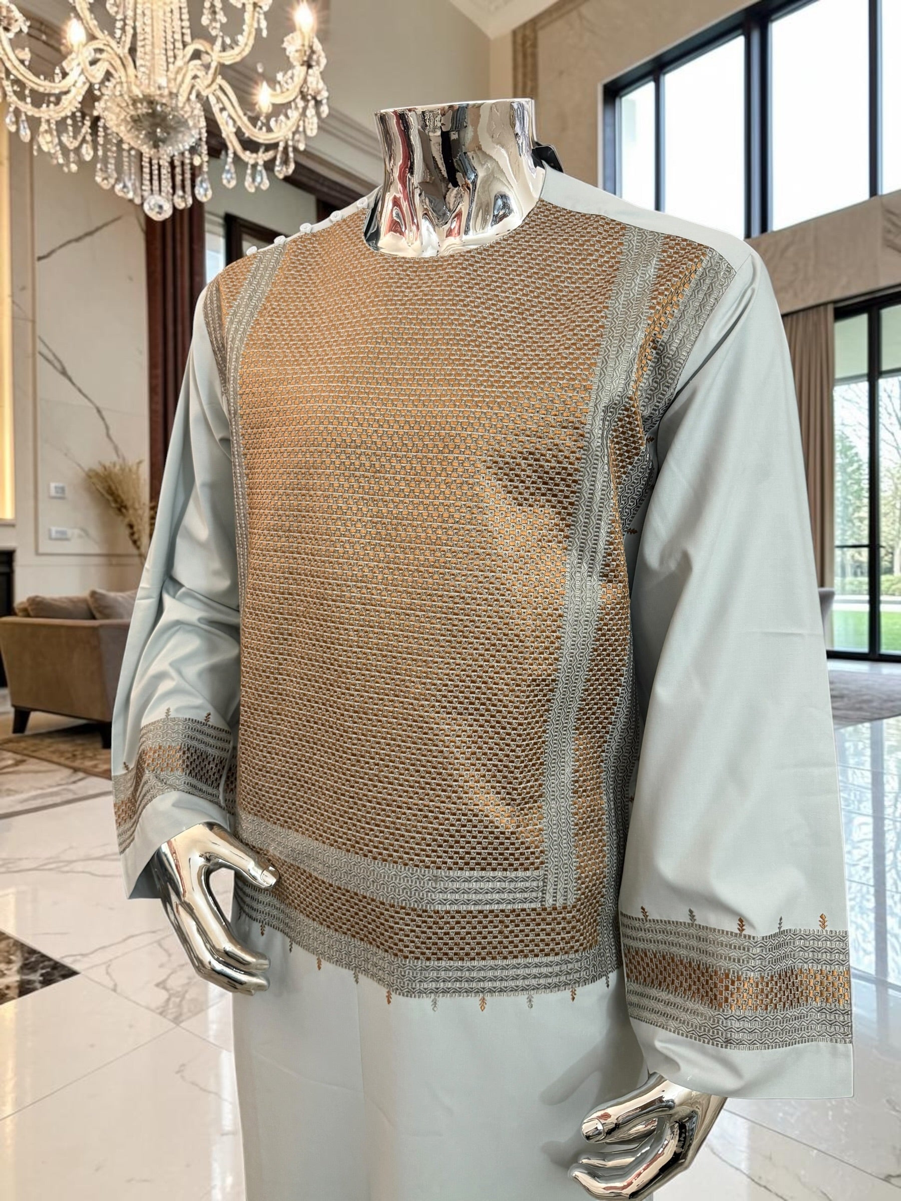 X-Large Blue-Gray Afghan Shalwar Kameez with Bronze Embroidery Yakhandozi | Luxury Men’s Traditional Wear