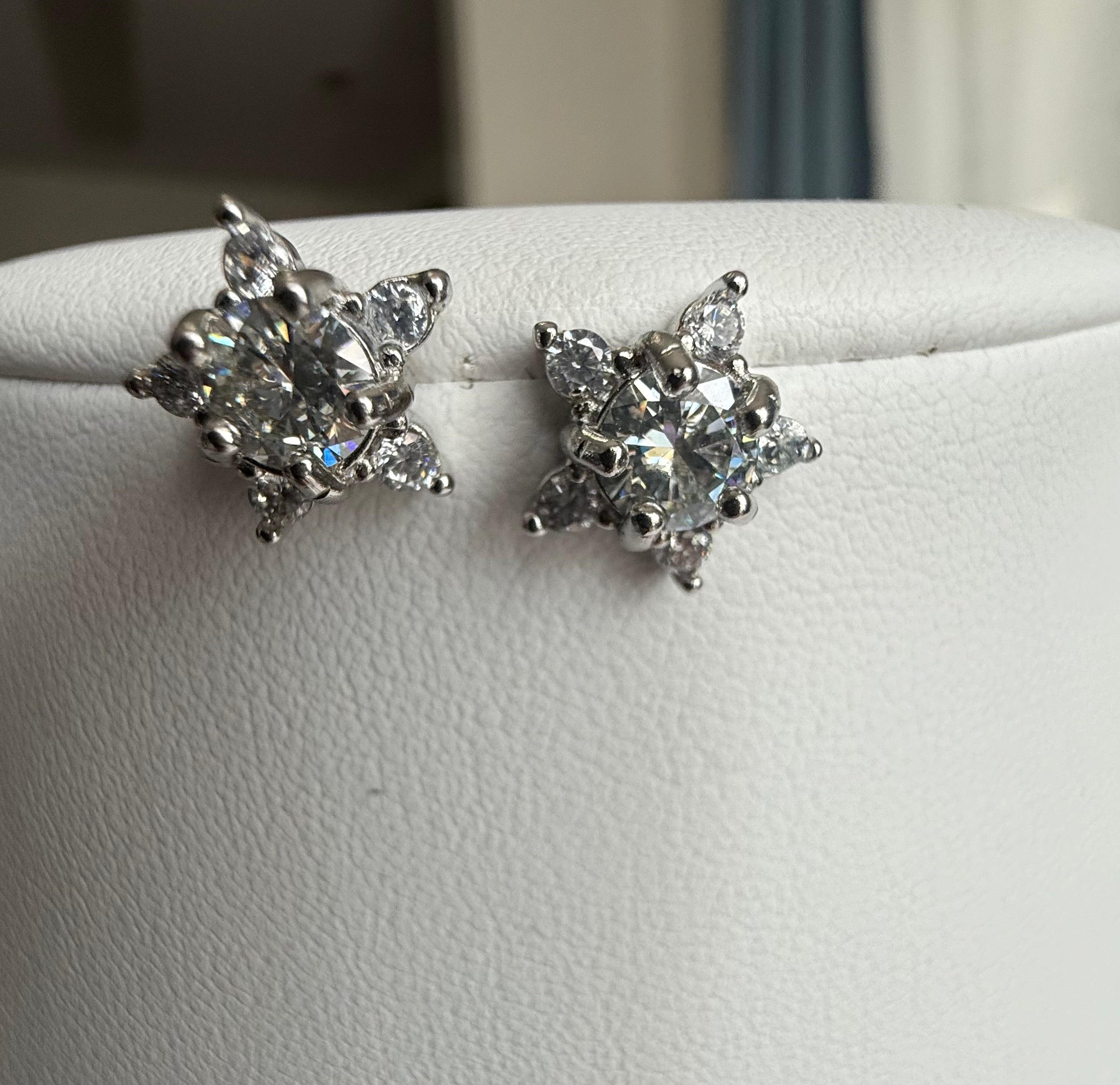 Moissanite Floral Starburst Stud Earrings – Brilliant Halo Silver Tone Earrings 7161
