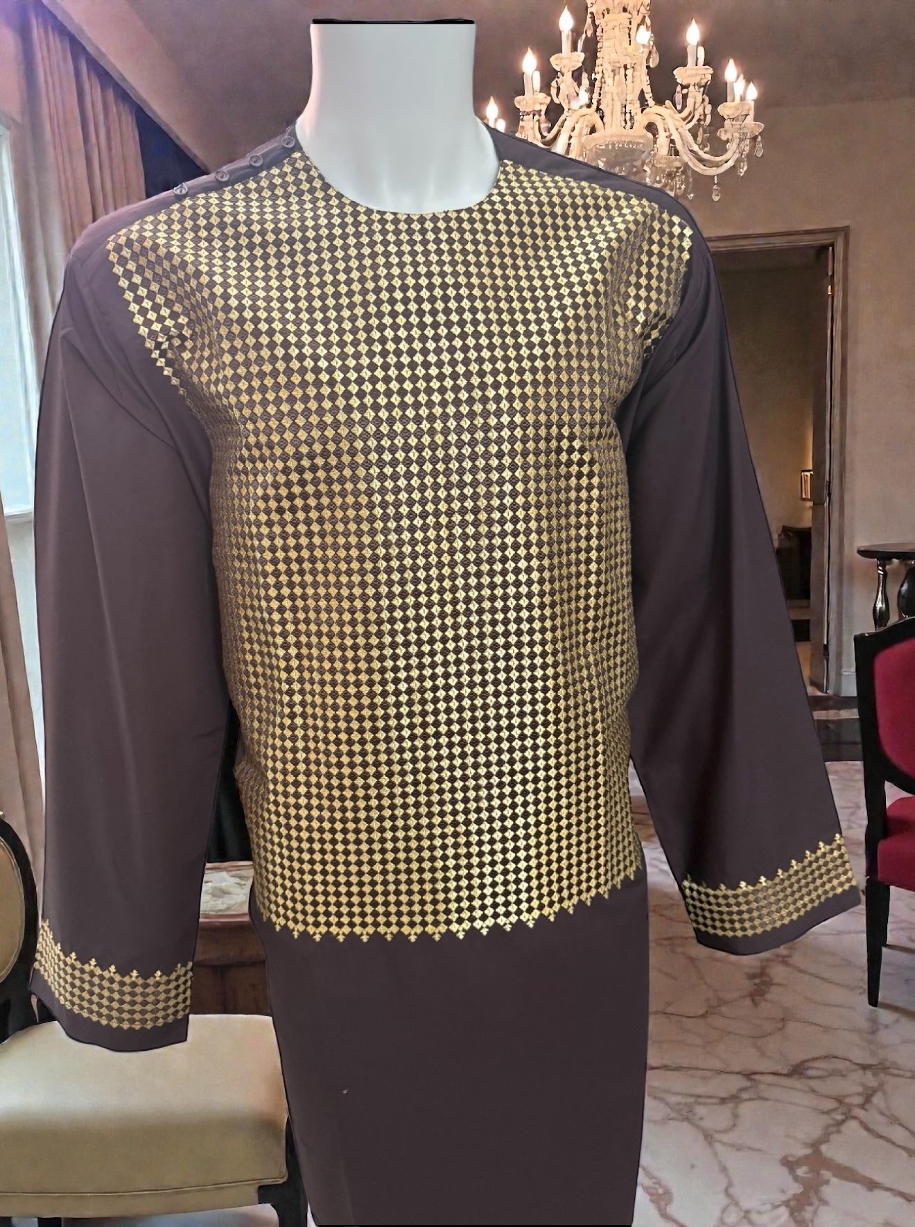 Traditional Afghan Parahan Tunban with Patterned Front Panel – Dark Burgundy – XL