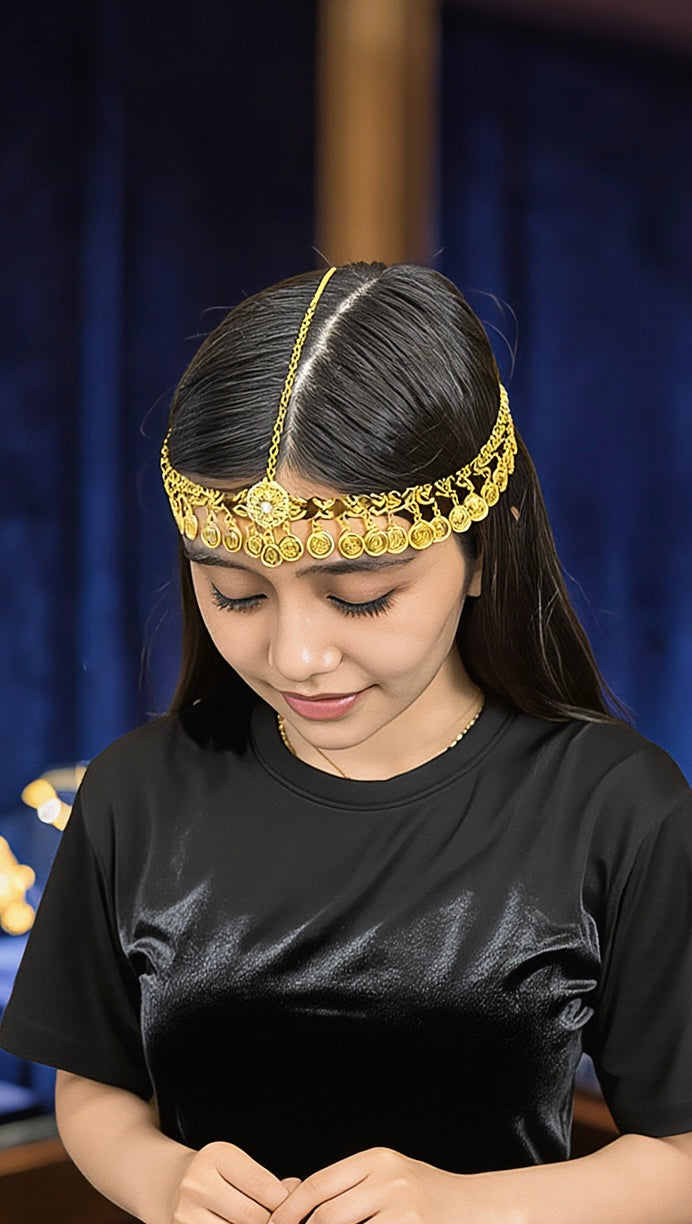 Gold-Tone Traditional Coin Headpiece for Women – Traditional Bridal Forehead Jewelry, Festival Head Chain 6099