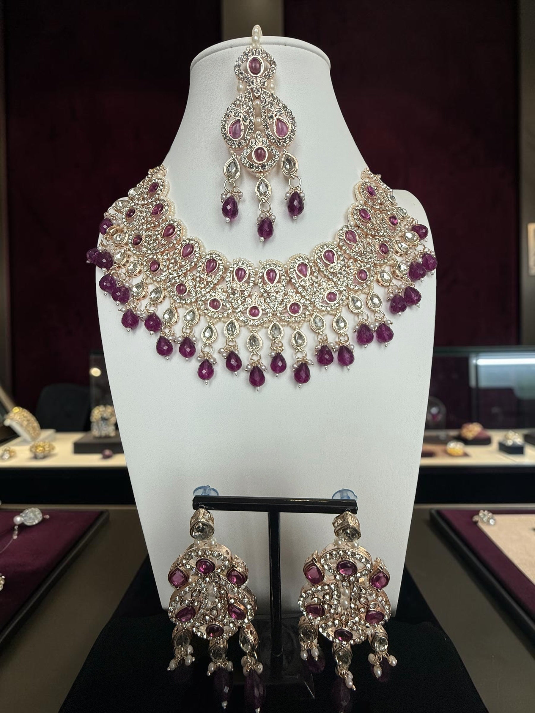 Purple Kundan Bridal Jewelry Set with Earrings & Maang Tikka | Rose Gold Indian Pakistani Afghan Wedding Necklace | Gift Box Included 6050