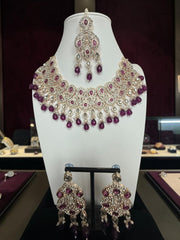Purple Kundan Bridal Jewelry Set with Earrings & Maang Tikka | Rose Gold Indian Pakistani Afghan Wedding Necklace | Gift Box Included 6050