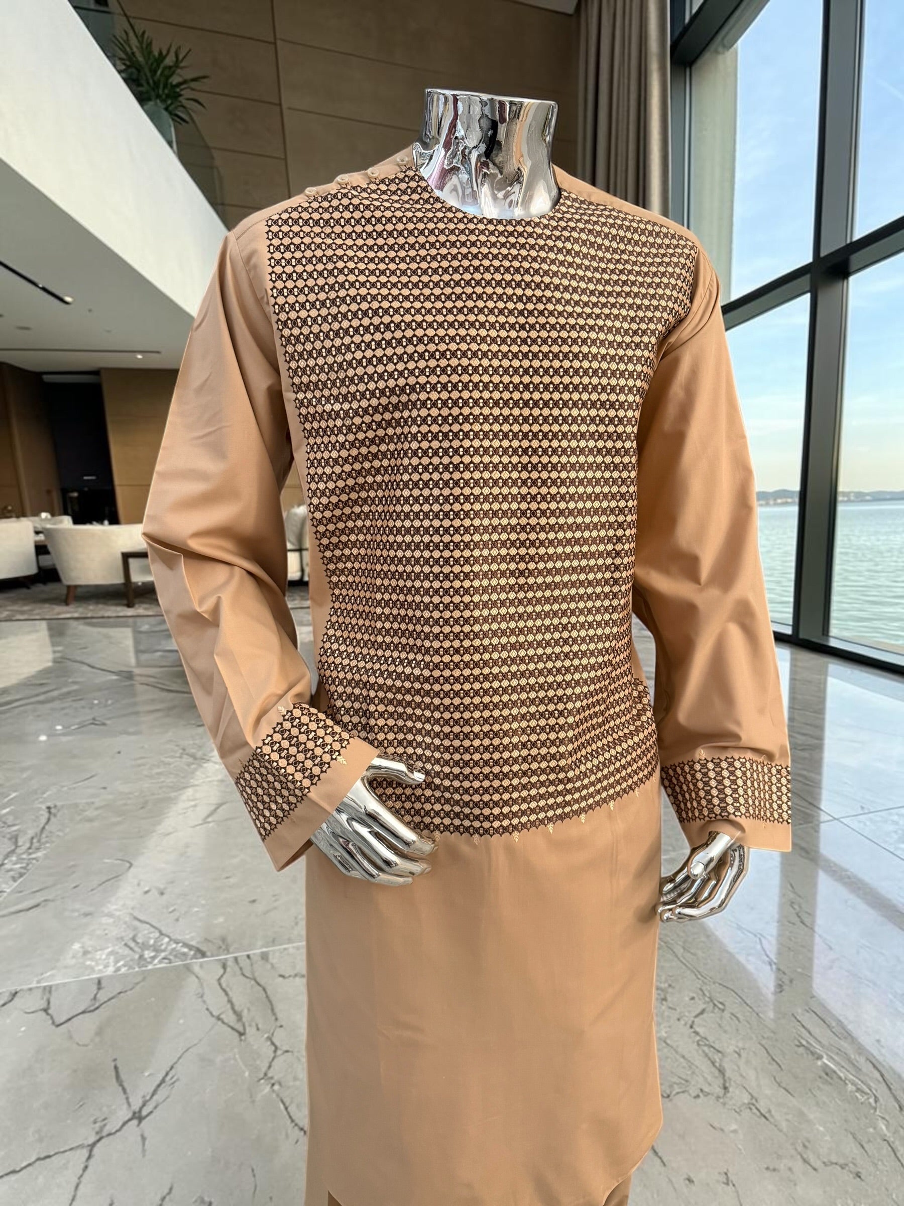 XL Peach Afghan Parahan Tunban with Machine Embroidery