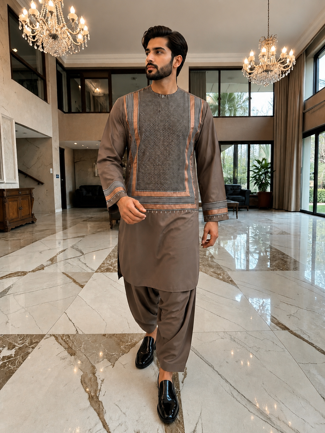 Small Taupe Brown Embroidered Men’s Parahan Tunban Yakhandozi – Premium Traditional Kandahari Yakhan