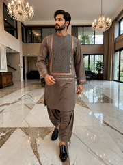 Small Taupe Brown Embroidered Men’s Parahan Tunban Yakhandozi – Premium Traditional Kandahari Yakhan