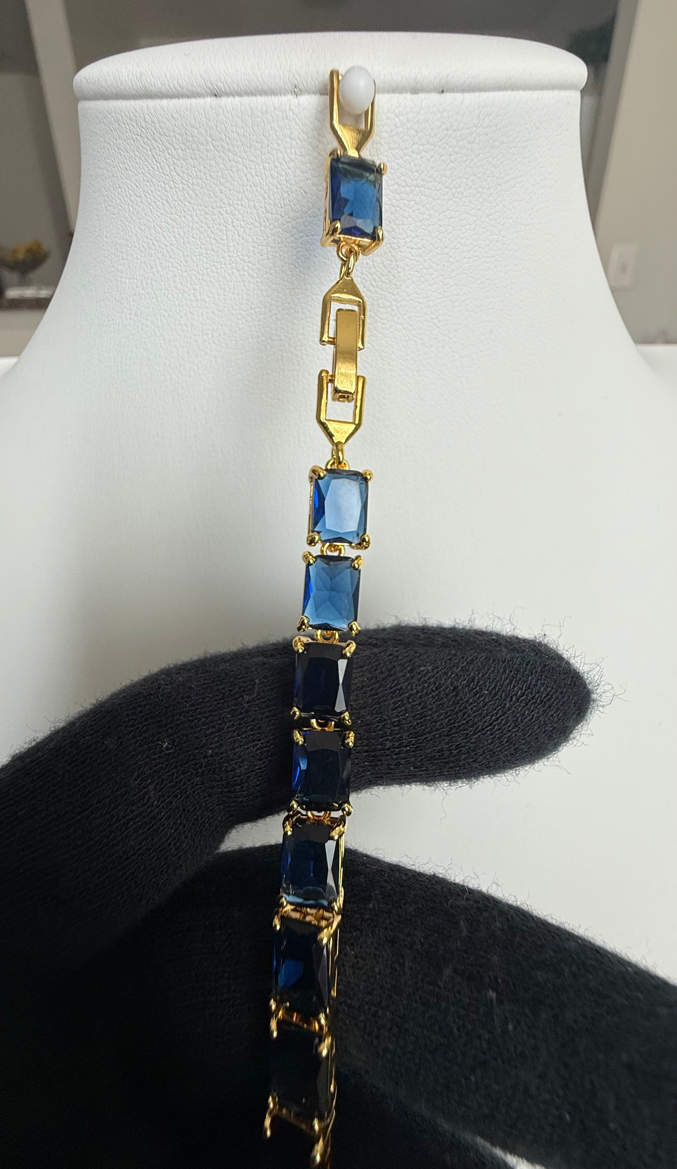 Sapphire Blue Emerald-Cut Crystal Tennis Bracelet – Gold Tone Statement Jewelry 7141