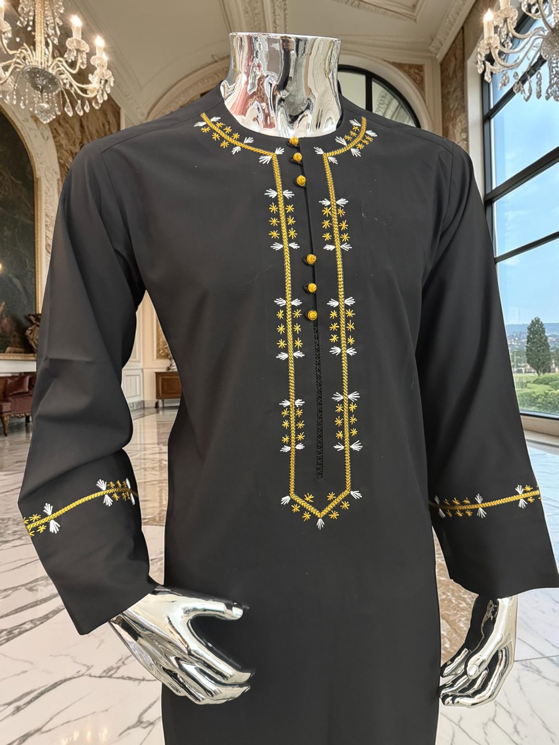 Black Embroidered Afghan Parahan Tunban for Men | Gold & White Detail