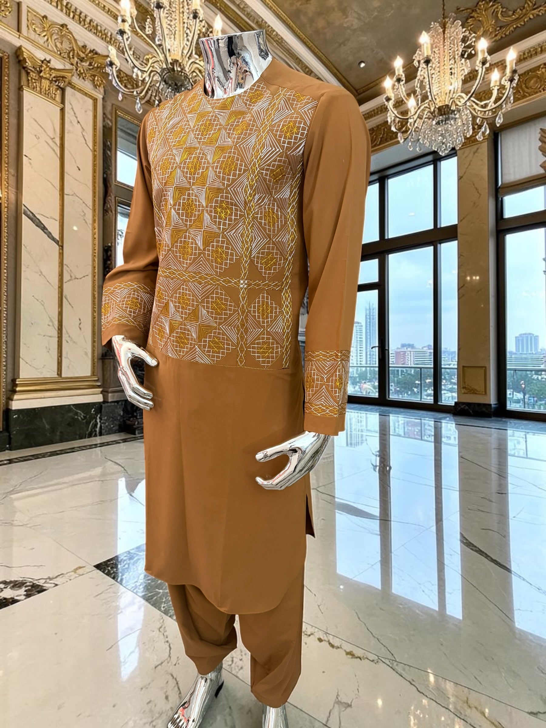 Medium Mens Afghan Parahan Tunban Set – Caramel Brown Premium Embroidered Traditional Outfit with Matching Chadder/patto