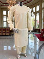 Men’s Cream Parahan Tumban with Matching Embroidery – Afghan Traditional Outfit (Medium)
