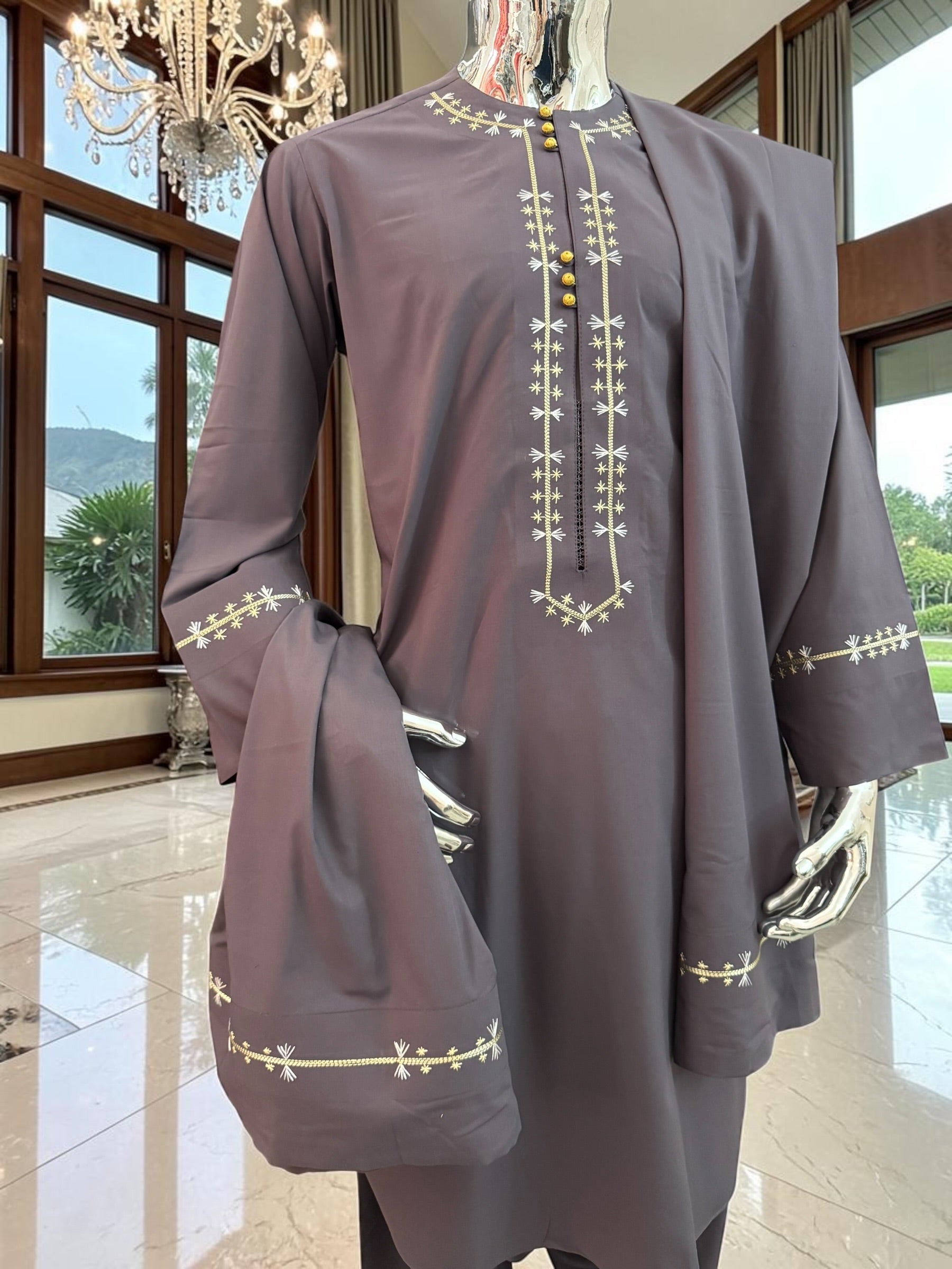 Plum Embroidered Afghan Parahan Tunban for Men with Matching Shawl