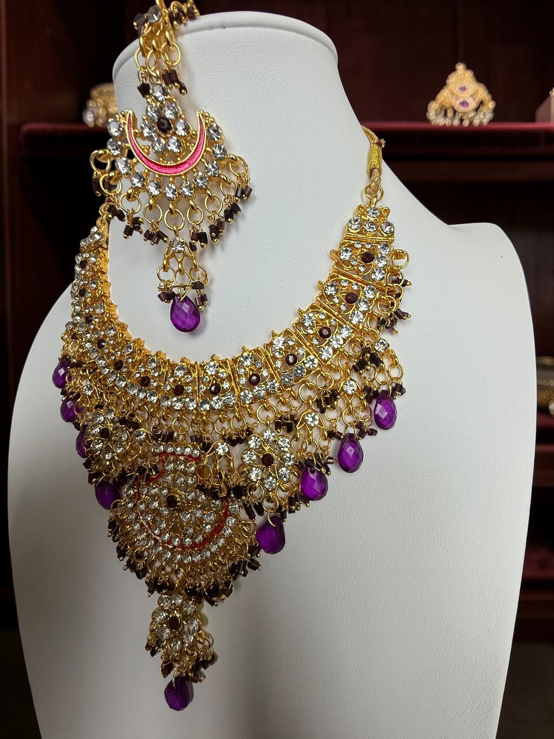 Purple Indian Pakistani Afghan Bridal Jewelry Set with Earrings & Maang Tikka | Gold Tone Crystal Rhinestone Necklace Set | Wedding Jewelry Gift Box Included 7013